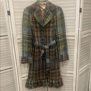 Anthropologie Elevenses Green and Blue Trench Coat with Tartan Pattern